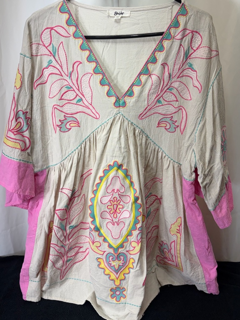 Blue Velvet Cream Tunic Top with Pink Accents & Multicolor Embroidery 2521